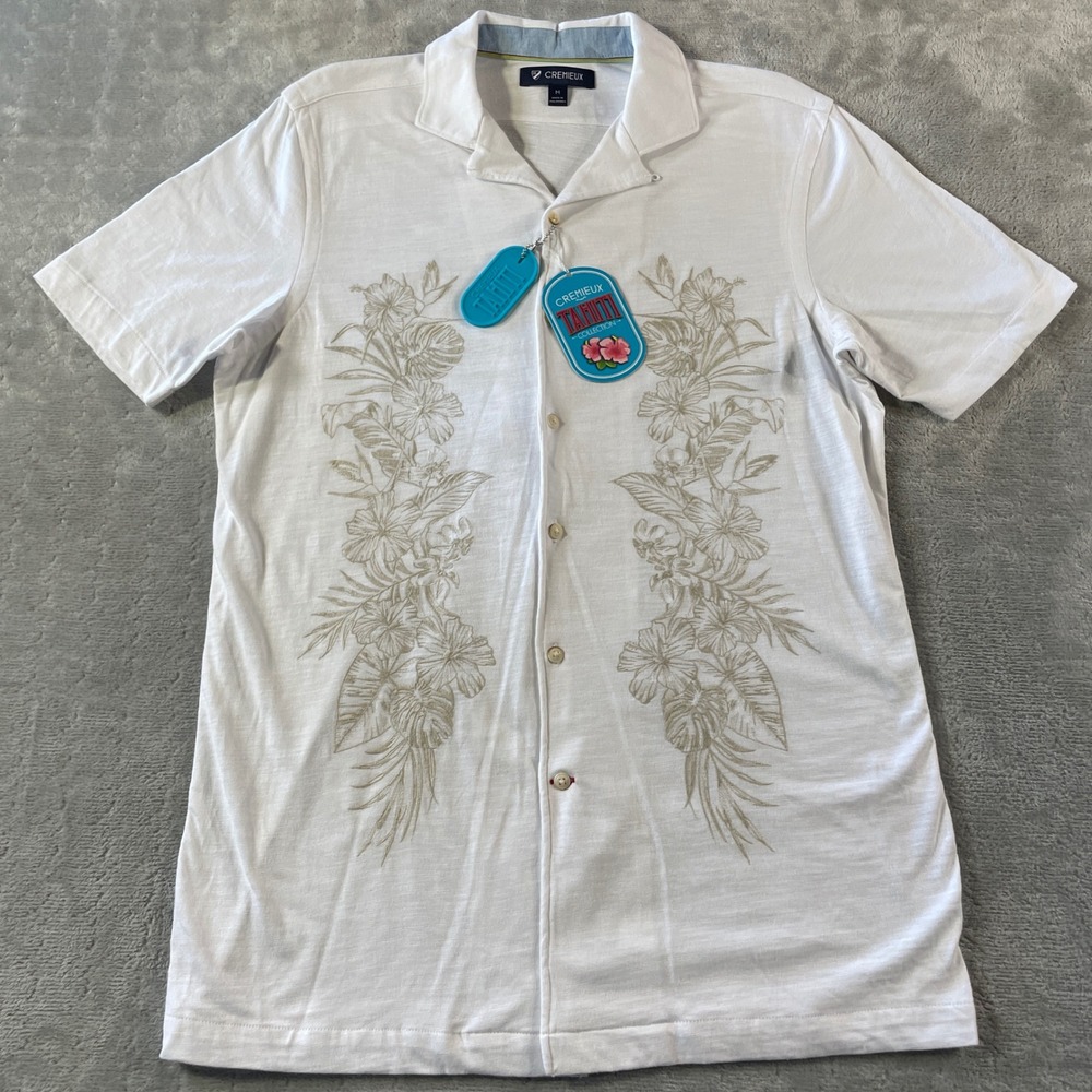 Cremieux Tahiti Collection Shirt Mens Medium White Floral Print Camp Embroidered